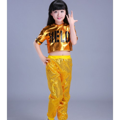 Modern dance hiphop outfits for girls kids children stage red pink gold performance jazz singers cheerleaders dance costumes 